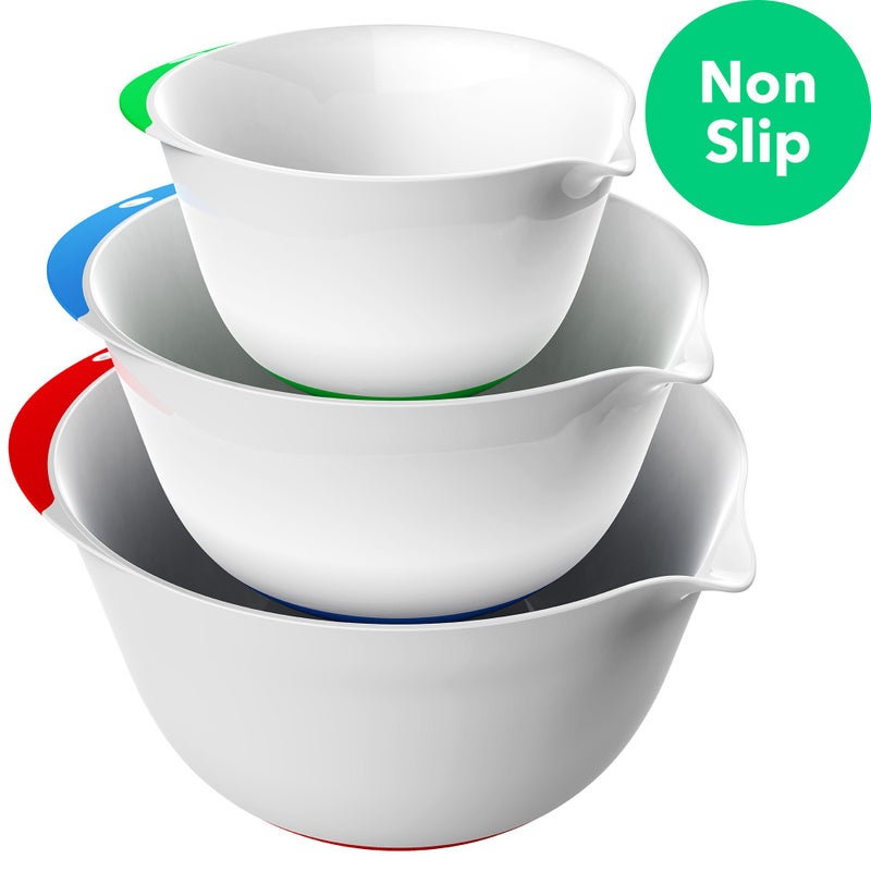 Vremi 3 Piece Plastic Mixing Bowl Set - Nesting Mixing Bowls with Rubber Grip Handles Easy Pour Spout and Non Slip Bottom - Three Sizes Small Large Capacity for Kitchen Baking or Salad - White Multi - Image 2
